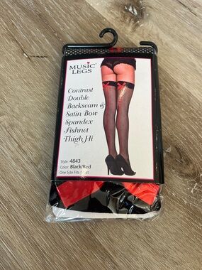 Music Legs Black and Red Fishnet Thigh-Highs with Satin Bows